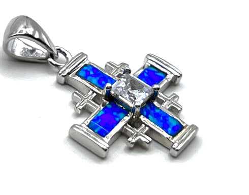 Sterling Silver with Opal Jerusalem Cross Pendant